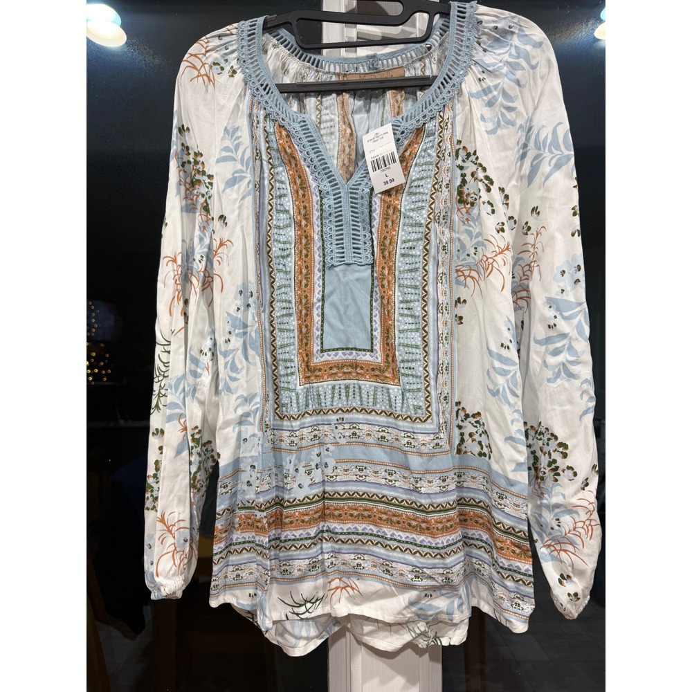 My Danielle Bohemian Embroidered Floral Print Blouse Womens Large NWT